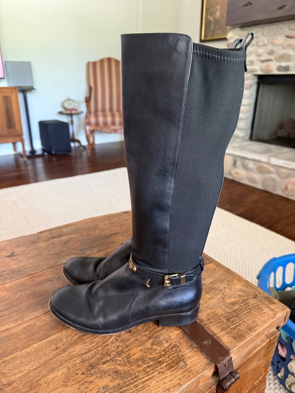Michael Kors Black Leather Elastic Back Buckle Riding Boots Size 8.5